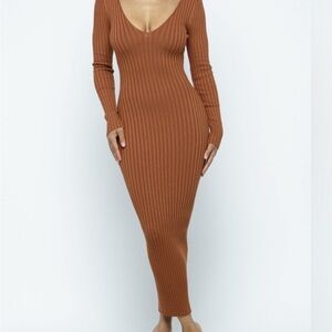Hera Collection Ribbed Long Sleeve Maxi Dress in Rust